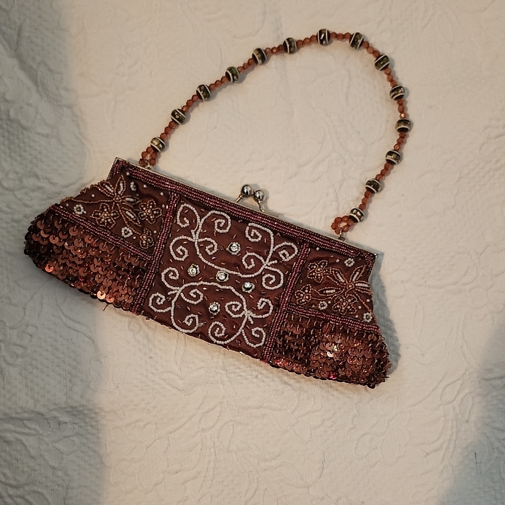 Elegant Brown Beaded Clutch